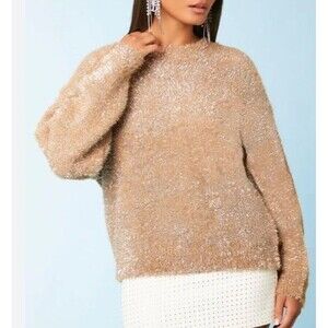 Forever 21 Sweater Small Women's Tan Metallic Tinsel Eyelash Crew Neck NEW